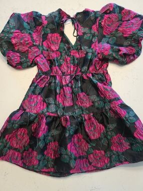 Sugarlips  Noemie Jacquard May Tiered Mini Floral Pink And Black Dress Size L
